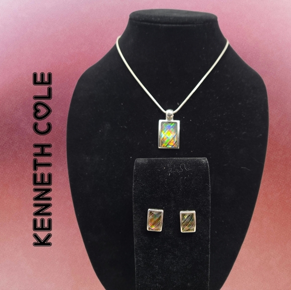 Kenneth Cole KC Silver Tone Necklace-Earrings Faceted Iridescence Rainbow Colors - Picture 1 of 8